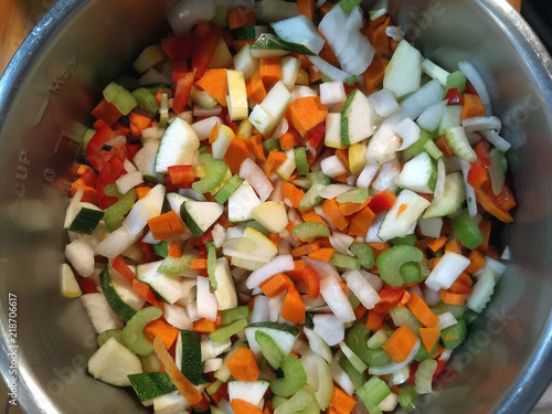 Many vegetables chopped up in an instant pot,