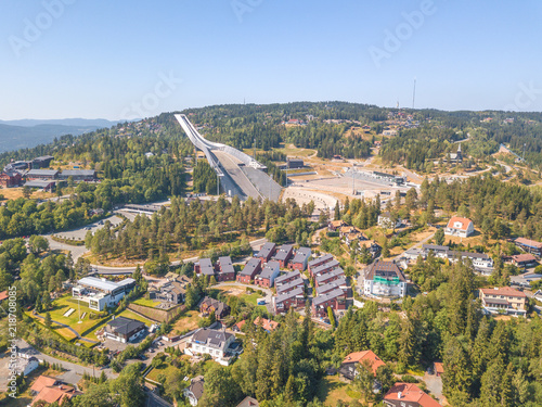 Aerial of Holmenkollen borough in Oslo with Ski Museum and Ski Jump Tower photo