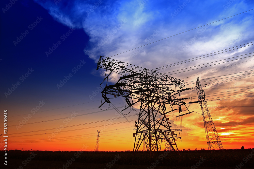 Pylon, high-voltage tower sky background.