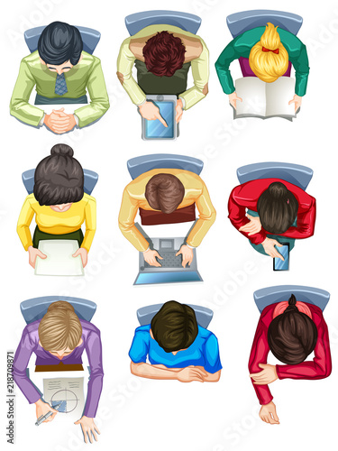 Set of people sitting at desk aerial view