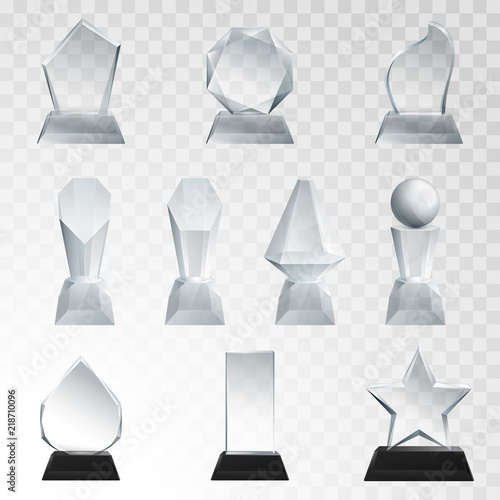Glass trophies plaque engraved crystal award realistic vector illustration on transparent background