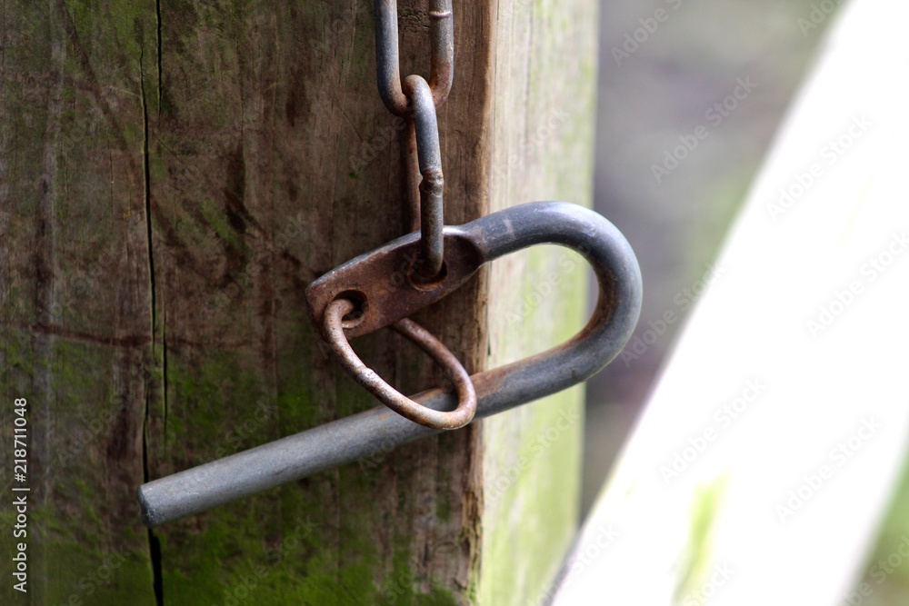 Livestock gate latch on wooden post Livestock gate latch on wooden post