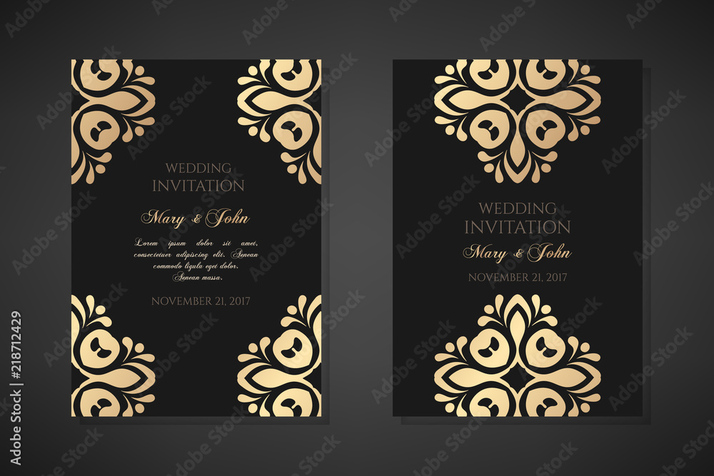 Wedding invitation templates. Cover design with ornaments and black background. Vector decorative vertical posters with copy space.