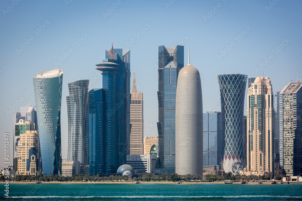 The skyline of Doha in a haze winter day in Qatar