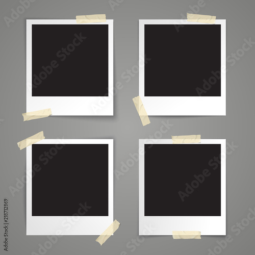 Realistic vector template empty photo frame with adhesive tape on grey background