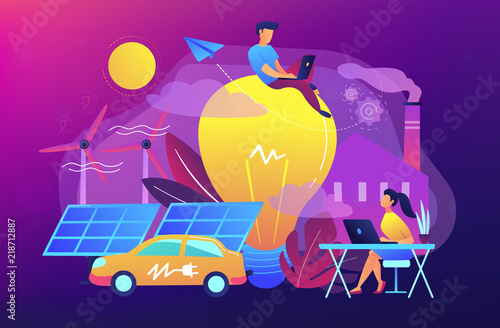 People around huge lamp analyzing power data. Renewable energy, power saving, smart grid energy, system modelling, IoT and smart city concept. Vector illustration on ultraviolet background.