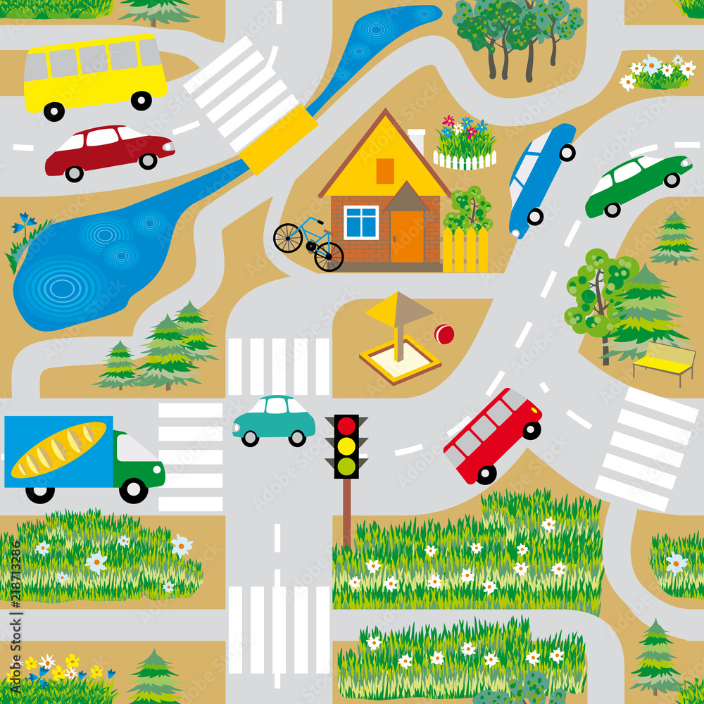 Seamless texture that simulates a map with roads, cars and a house ...