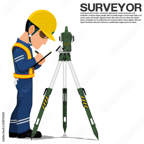 A surveyor is recoding data from the theodolite on transparent background