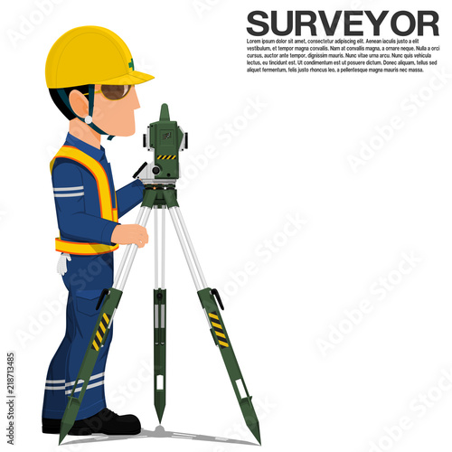 A surveyor is setting up the theodolite on transparent background