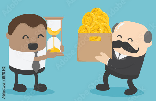 concept of businessmen exchanges money with time