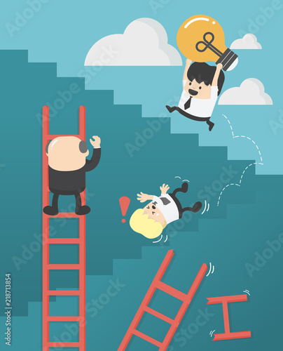 concept of success has no shortcuts.Businessmen are holding a light bulb up the stairs.