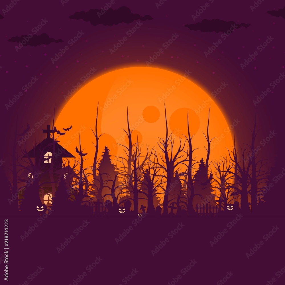 Happy Halloween background and scary tree pumpkin on graveyard full moon dark night and tombstone black bat. church on graveyard. Vector illumination