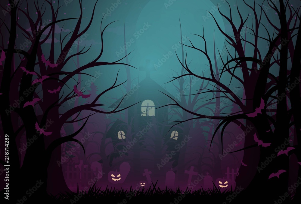 Happy Halloween background and scary tree pumpkin on graveyard full moon dark night and tombstone black bat. church on graveyard. Vector illumination