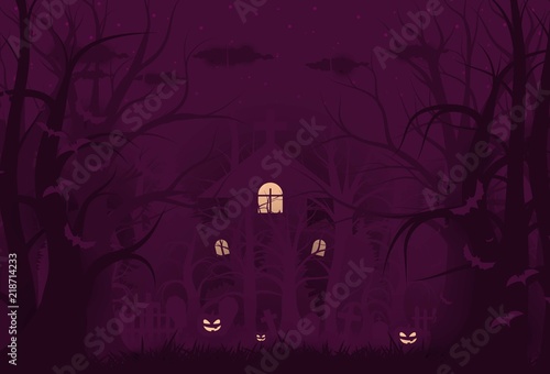 Happy Halloween background and scary tree pumpkin on graveyard full moon dark night and tombstone black bat. church on graveyard. Vector illumination
