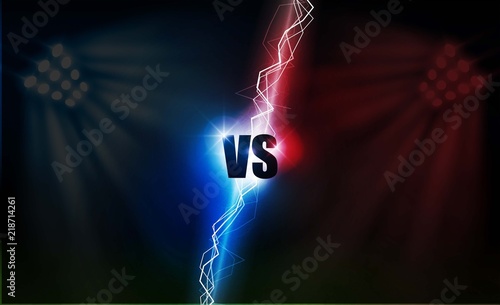 Football arena field with bright stadium lights vs letters for sports and fight competition. Battle and match design. Vector illumination