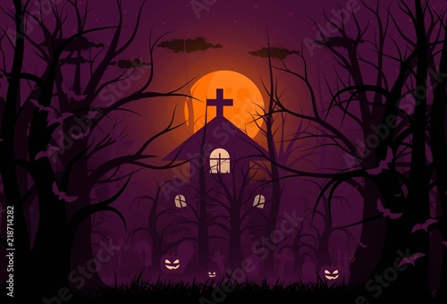 Happy Halloween background and scary tree pumpkin on graveyard full moon dark night and tombstone black bat. church on graveyard. Vector illumination