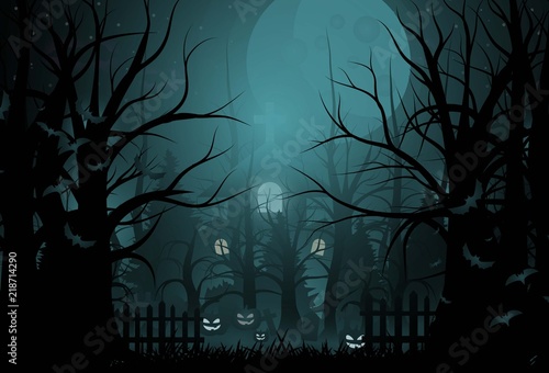 Happy Halloween background and scary tree pumpkin on graveyard full moon dark night and tombstone black bat. church on graveyard. Vector illumination © photoraidz