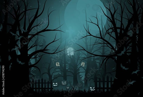 Happy Halloween background and scary tree pumpkin on graveyard full moon dark night and tombstone black bat. church on graveyard. Vector illumination