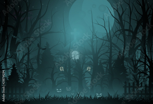 Happy Halloween background and scary tree pumpkin on graveyard full moon dark night and tombstone black bat. church on graveyard. Vector illumination