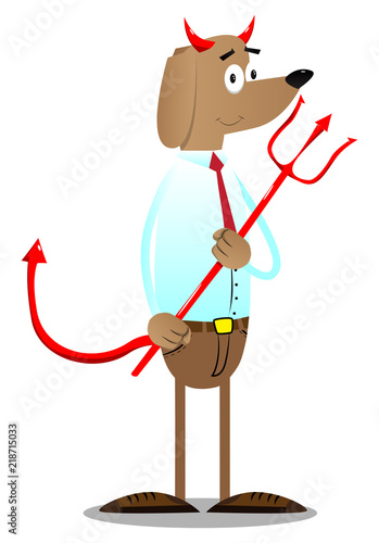 Cartoon vector illustrated business dog devil with pitchfork.