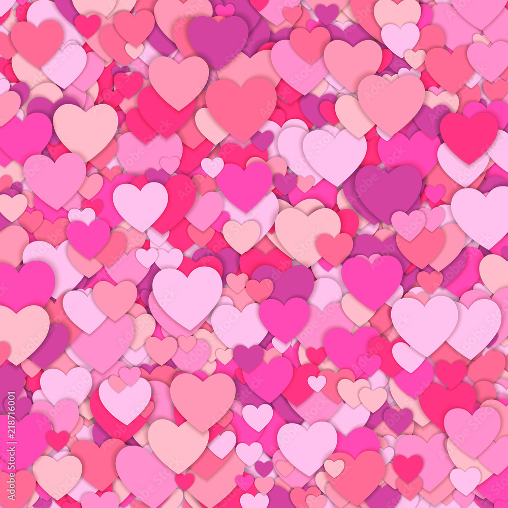 Valentines Day background. Confetti hearts petals falling. Background of colorful hearts. Love concept.