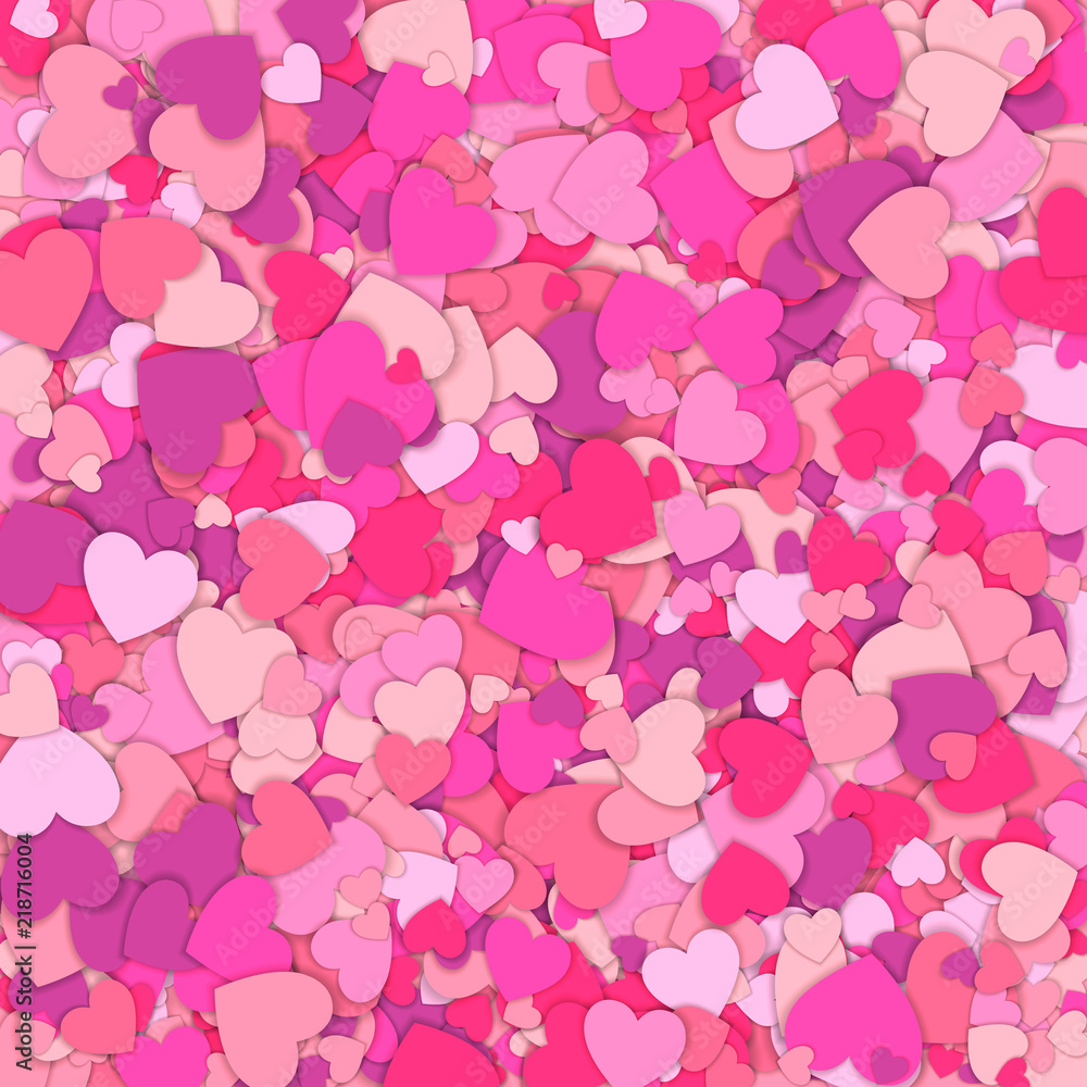 Valentines Day background. Confetti hearts petals falling. Background of colorful hearts. Love concept.