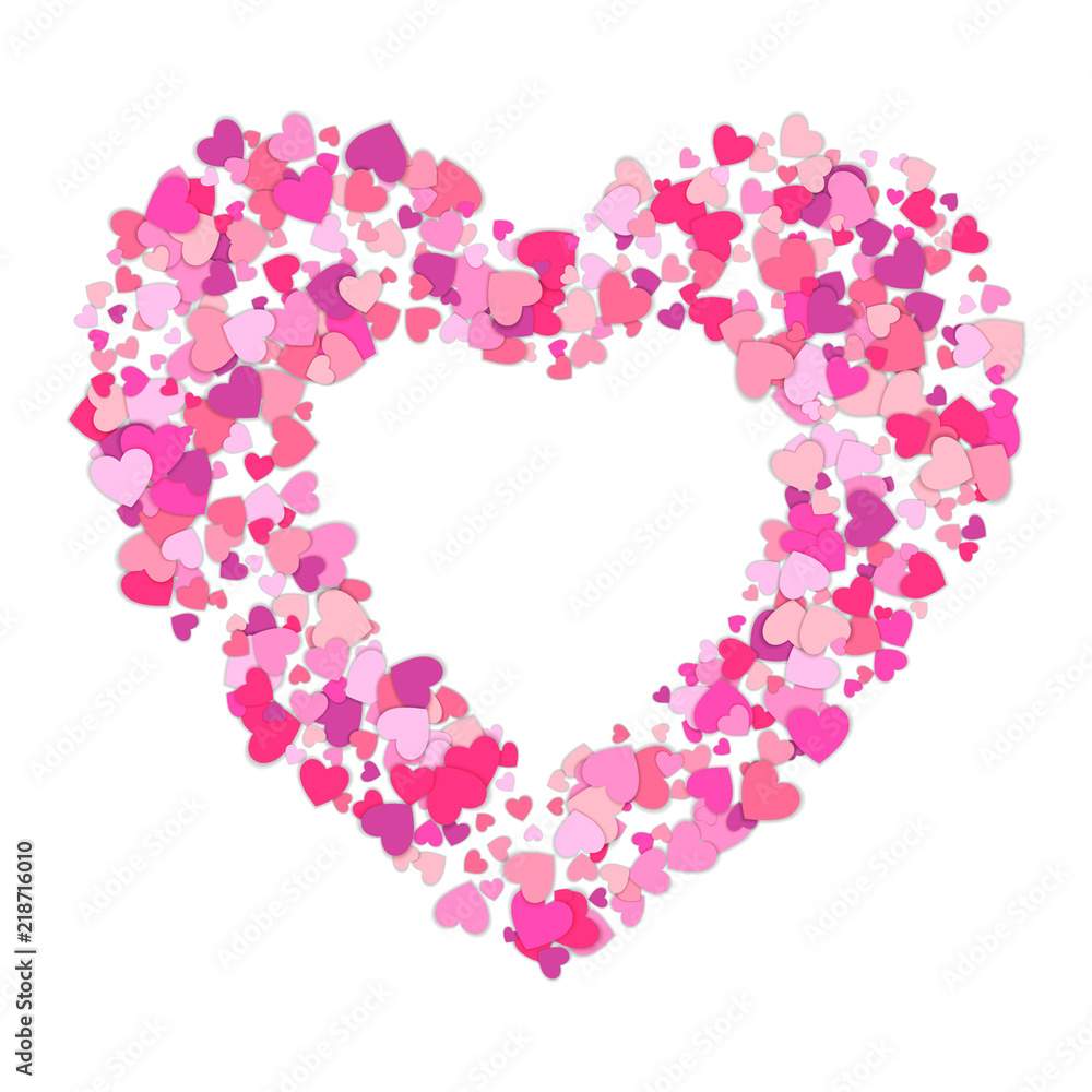 Small pink hearts creates one big. Frame of colorful hearts. Heart isolated on white background. Happy Valentines day template for greeting and postal card.
