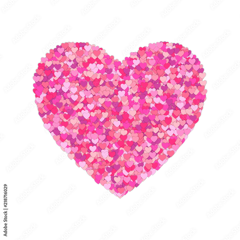 Small pink hearts creates one big. Colorful hearts. Heart isolated on white background. Happy Valentines day template for greeting and postal card. Love concept.