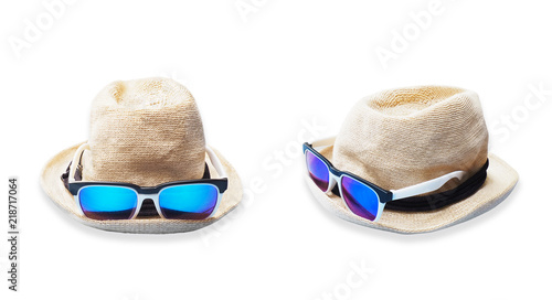 Cotton hat and sunglasses isolated on white background.