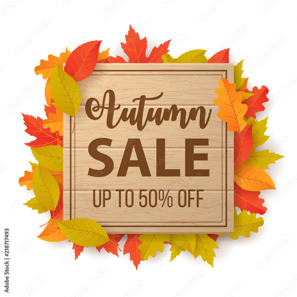 Autumn sale background with leaves. Can be used for shopping sale, promo poster, banner, flyer, invitation, website or greeting card. Vector illustration - obrazy, fototapety, plakaty 