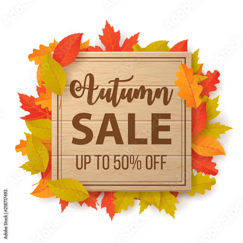 Autumn sale background with leaves. Can be used for shopping sale, promo poster, banner, flyer, invitation, website or greeting card. Vector illustration