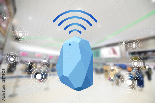 Beacon device home and office radar. Use for all situations. with network connect signal graphic and blur background at the airport