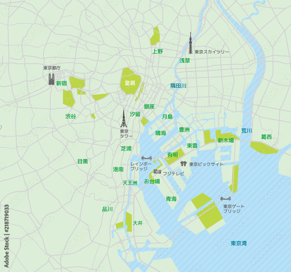 Fototapeta premium Obszar Zatoki Tokio (wokół Zatoki Tokijskiej) Mapa Drogowa / Z Nazwą Miejsca / Atrakcje