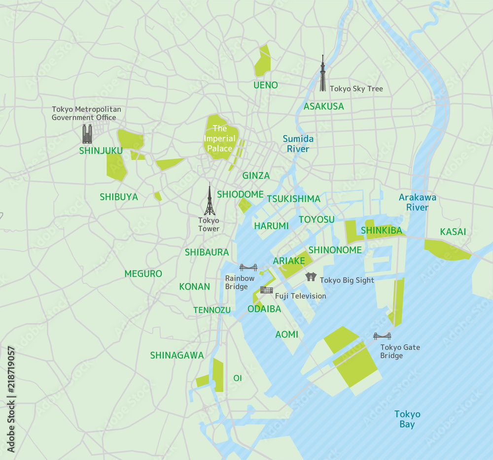 Fototapeta premium Mapa drogowa w rejonie Zatoki Tokijskiej (z nazwami miejsc, miejscami zwiedzania)