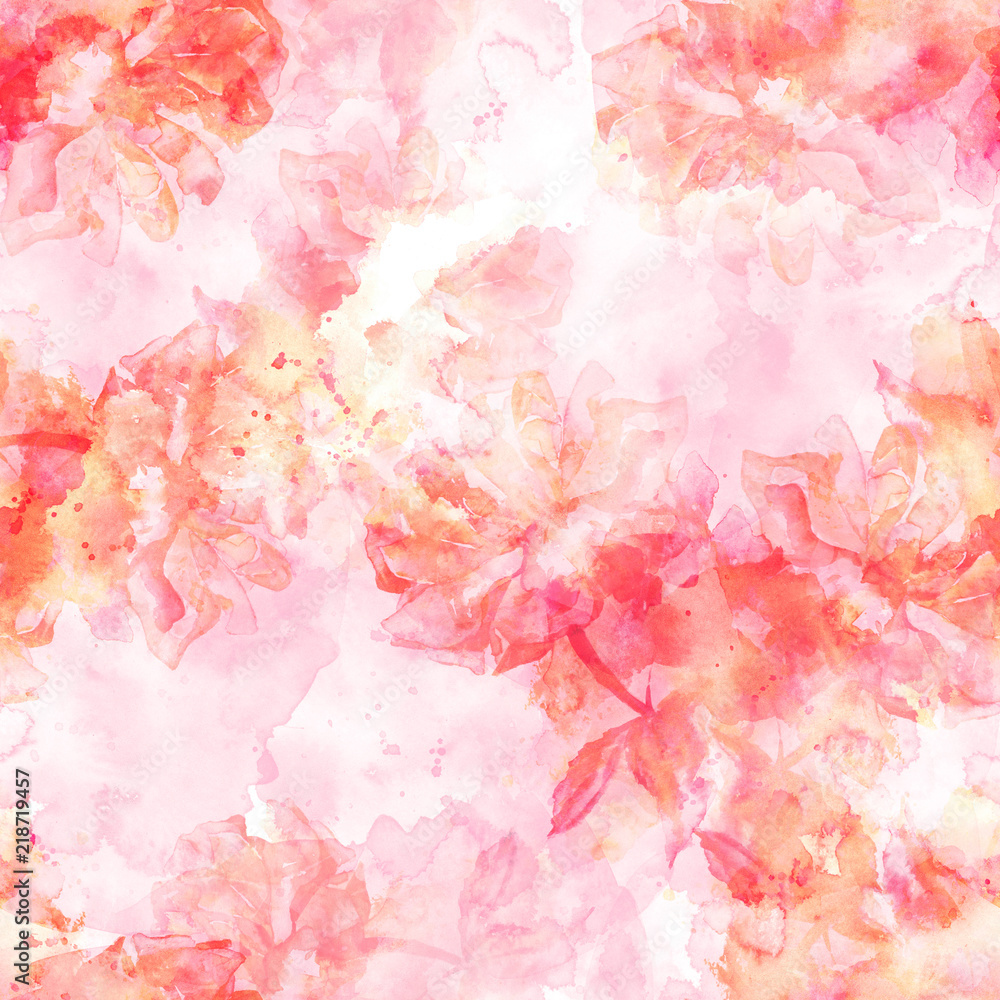 Seamless pattern with abstract watercolor roses with splashes of paint, pink toned Seamless pattern with abstract watercolor roses with splashes of paint, pink toned