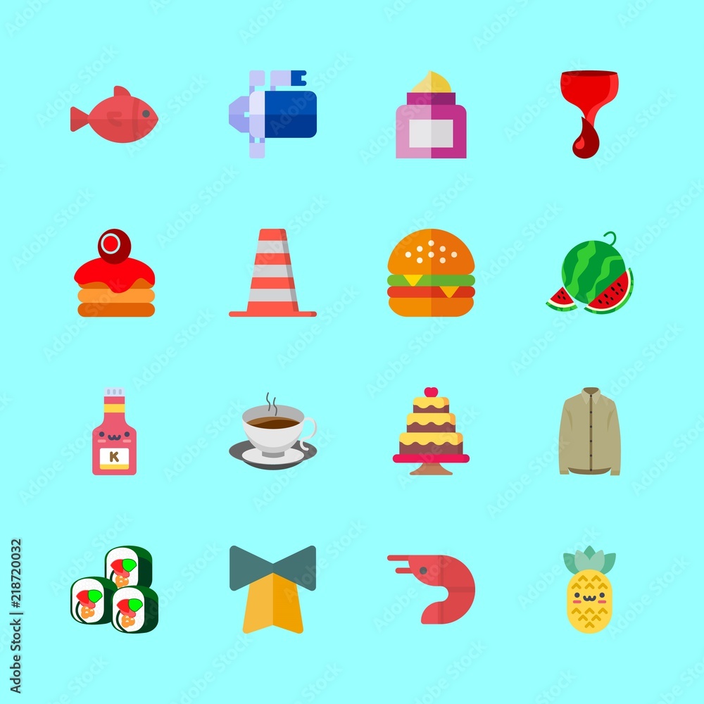 food vector icons set. prawn, wedding cake, fish and crepe in this set food vector icons set. prawn, wedding cake, fish and crepe in this set