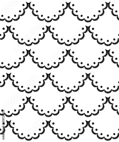 Black and white scalloped lacy edge embroidery, seamless pattern, vector