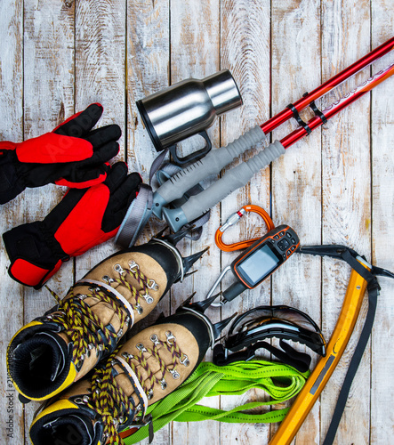 climbing equipment on a wooden background
