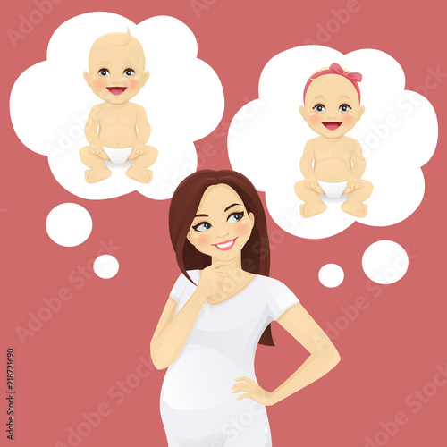 Pregnant thinking woman. Boy or girl vector illustration