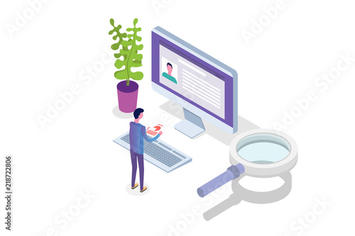Recruitment, Job search isometric concept. Use for presentation, social media, cards, web banner. Vector illustration