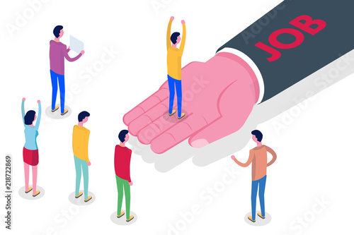 Recruitment, Job search isometric concept. Use for presentation, social media, cards, web banner. Vector illustration