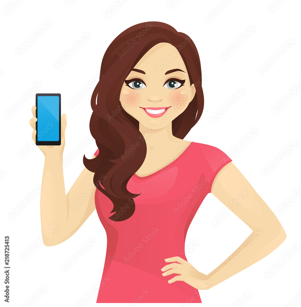 Cheerful woman holding phone witn blank screen vector illustration Cheerful woman holding phone witn blank screen vector illustration