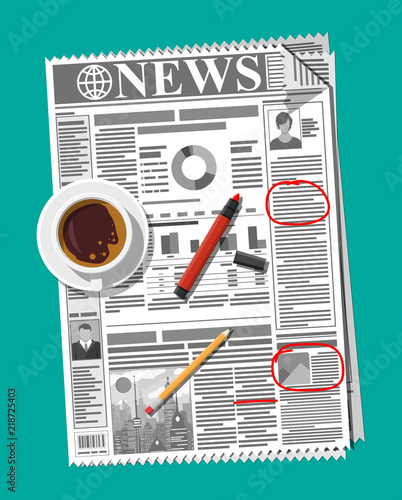 Newspaper with notes and reminders, cup of coffee, pencil. Morning business elements, breakfast, coffeebreak. Pages with headlines, images, quotes, text and articles. Vector illustration flat style