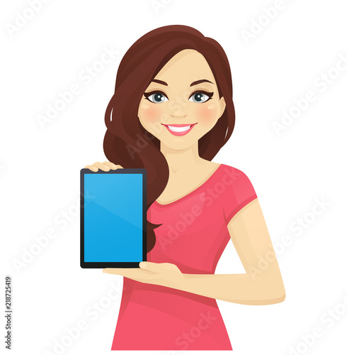 Cheerful woman holding tablet witn blank screen vector illustration