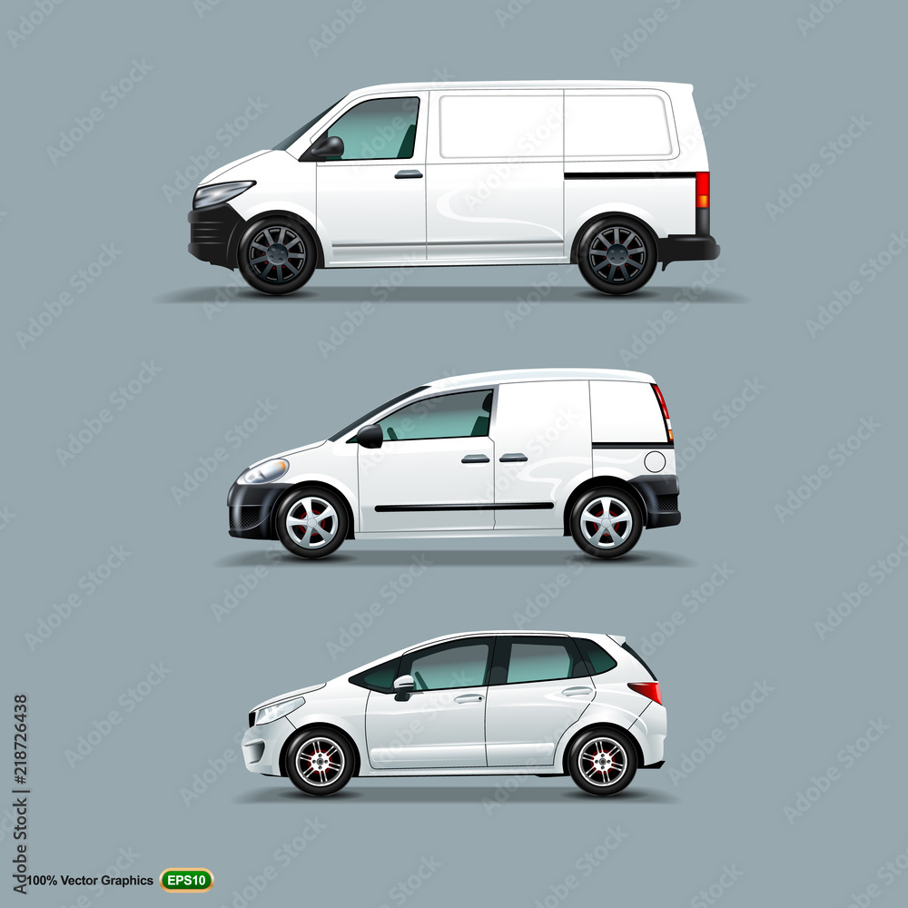 Obraz premium Mocup set of White Car, Cargo Van, and delivery Van.
