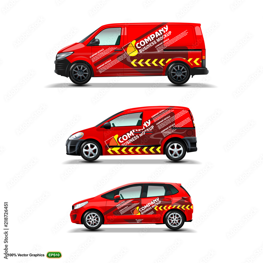 Fototapeta premium Mocup set with advertisement on Red Car, Cargo Van, and delivery Van.