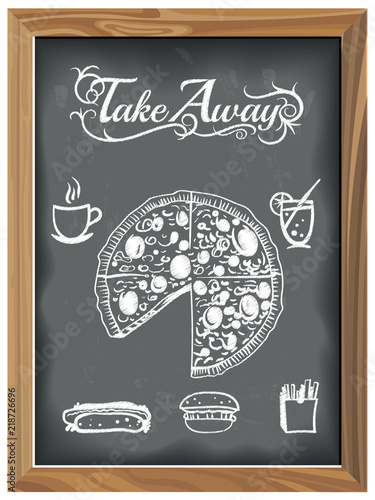 Vintage Chalkboard with Tale Away Pizza and Food icons.