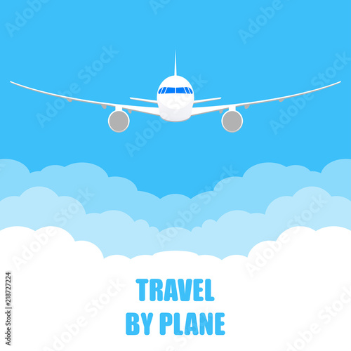 Airplane travel banner. Flying plane in the blue sky with clouds. Travel by plane poster or background. Vector illustration.