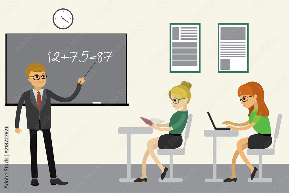 caucasian girls and male teacher in the school interior caucasian girls and male teacher in the school interior