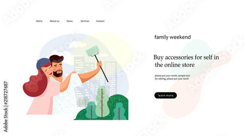 vector flat illustration of a happy family that rests in the park, photographed and makes selfies, drawing for the web or polygraphy